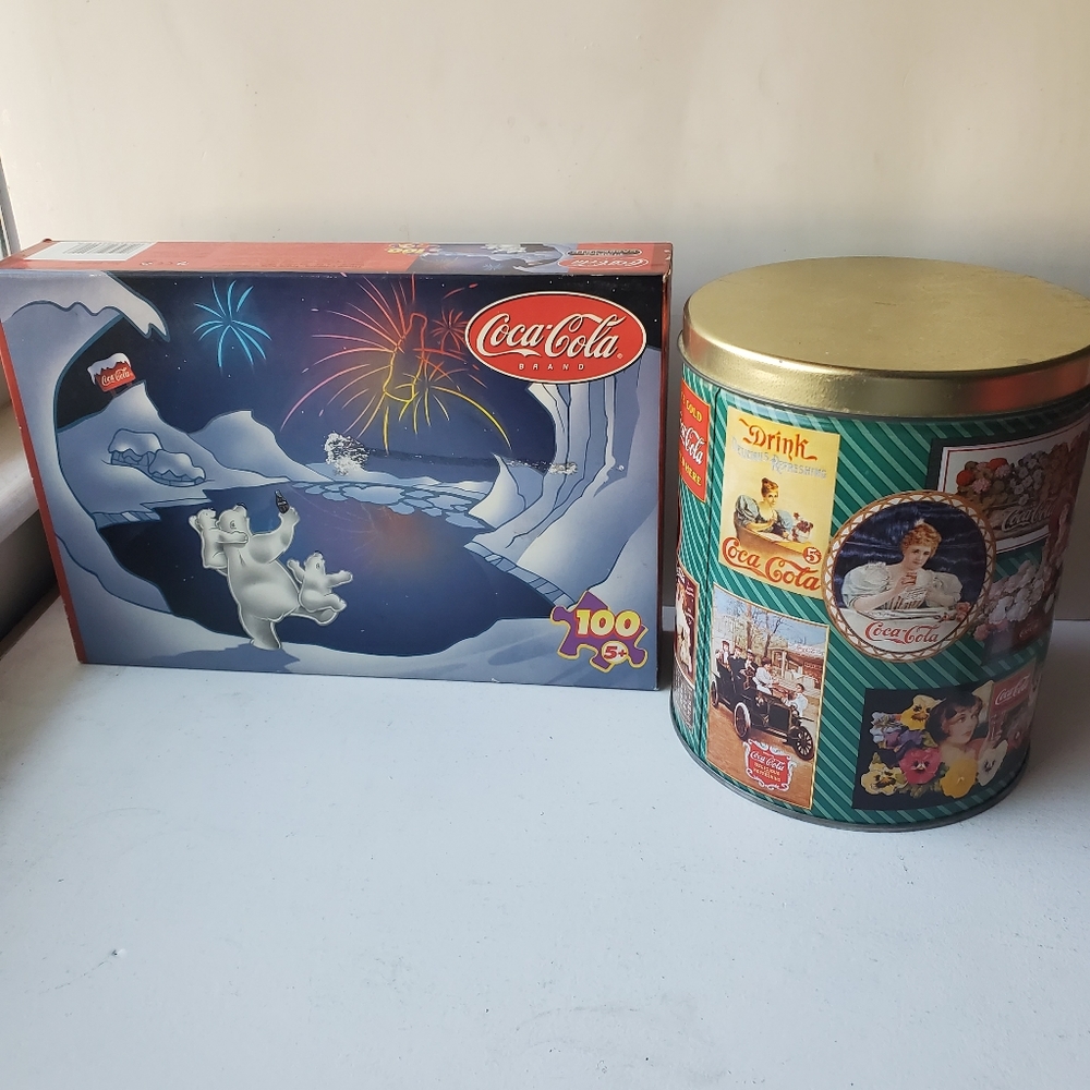 New in Box Coca Cola 100pc puzzles + 1993 Coca Cola Tin.